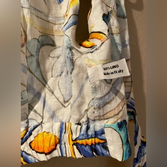 Vibrant Blue and Yellow Patterned Sleeveless Button Down Shirt - Picture 4 of 6